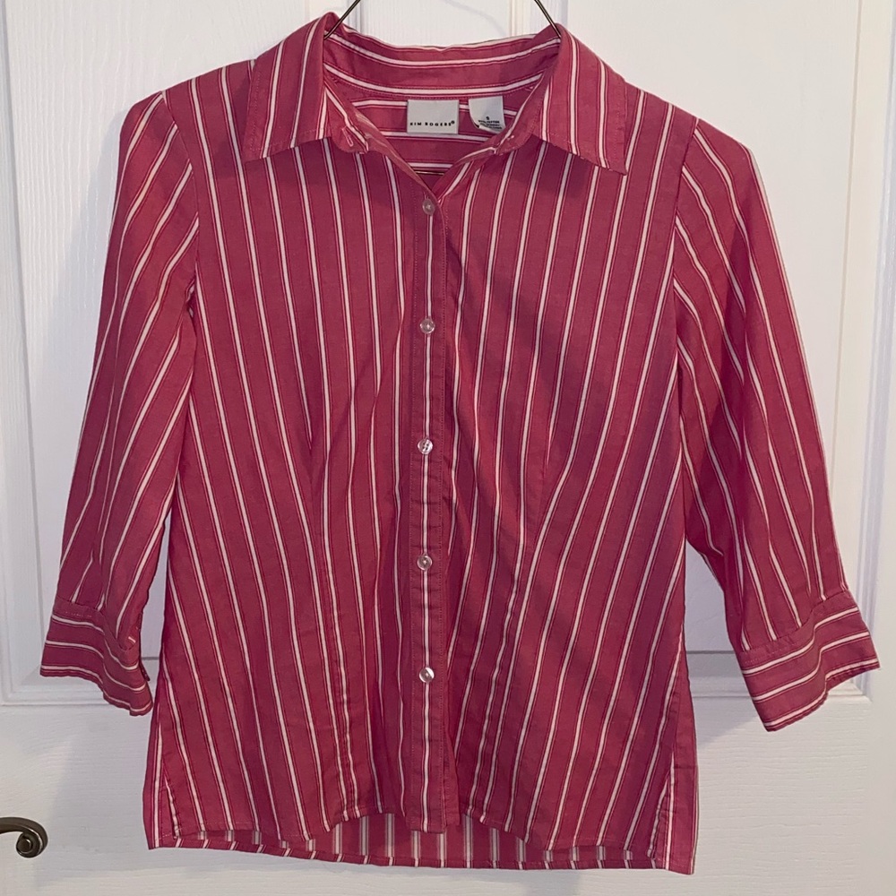 Kim Rogers 3/4 Sleeve Button Down Pink with White Candy Stripes Size Small